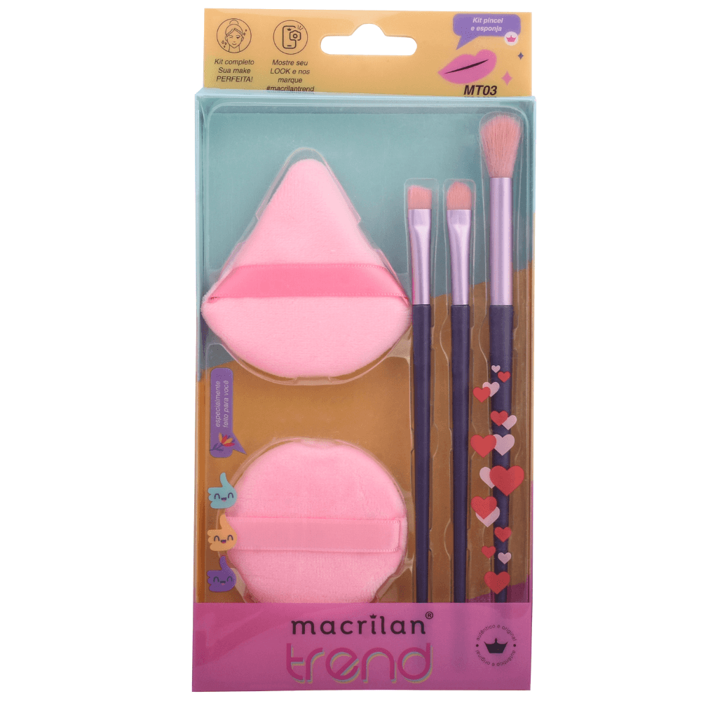Kit com 3 Pincéis e 2 Esponjas - MT03 - voudemake